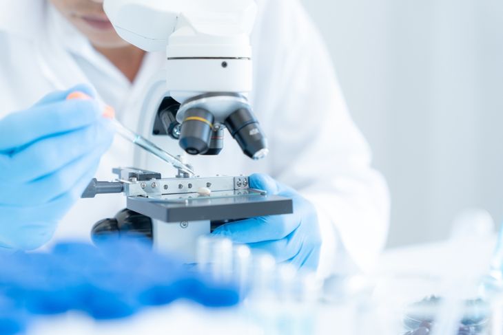 A scientist wearing gloves uses a pipette and examines a slide under a microscope, highlighting the laboratory research into rare but deadly infections like PAM caused by Naegleria fowleri. 