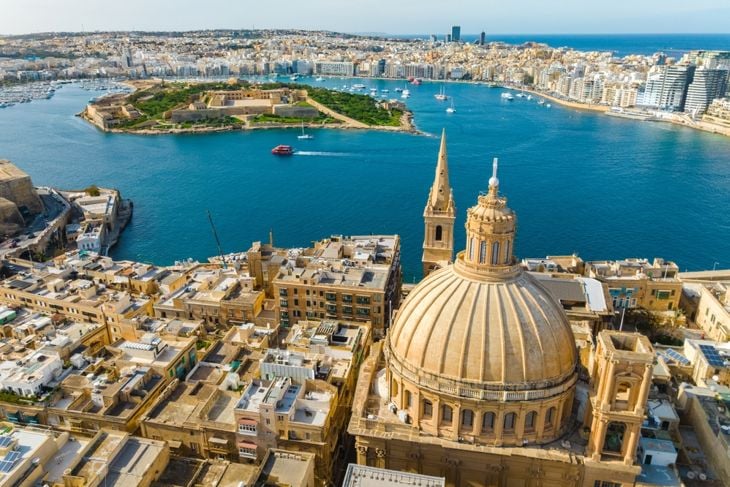 Drone view of Valletta city - capital of Malta island and Manoel island