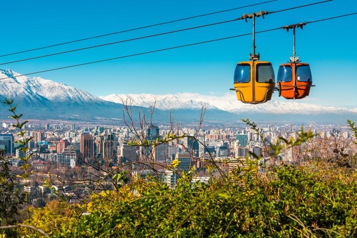 Cable car in San Cristobal hill, overlooking a panoramic view of Santiago de Chile 