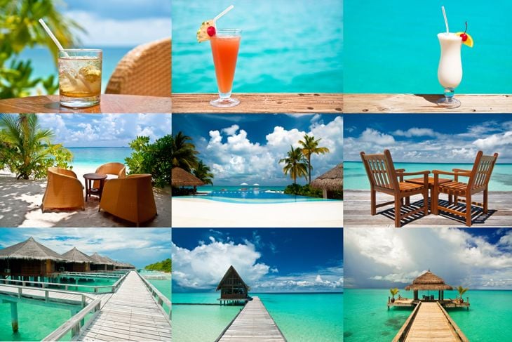 collage of nine photographs: drinks, beaches and a luxury resort
