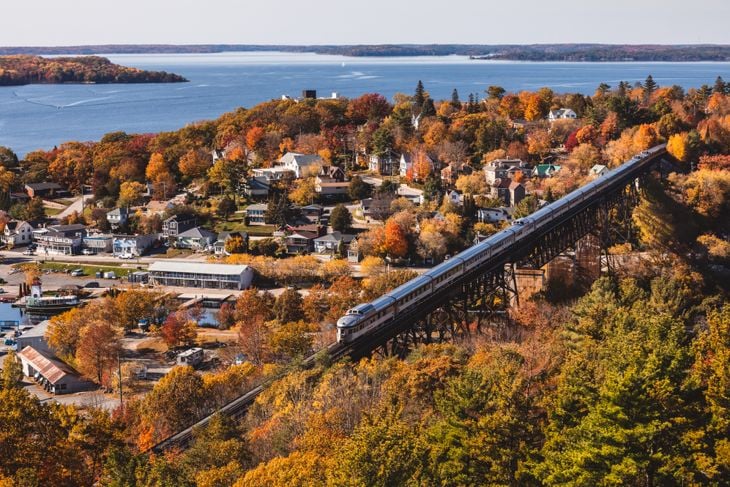 VIA Rail's Vancouver-bound Canadian soars above Parry Sound, Ontario on a gorgeous autumn afternoon