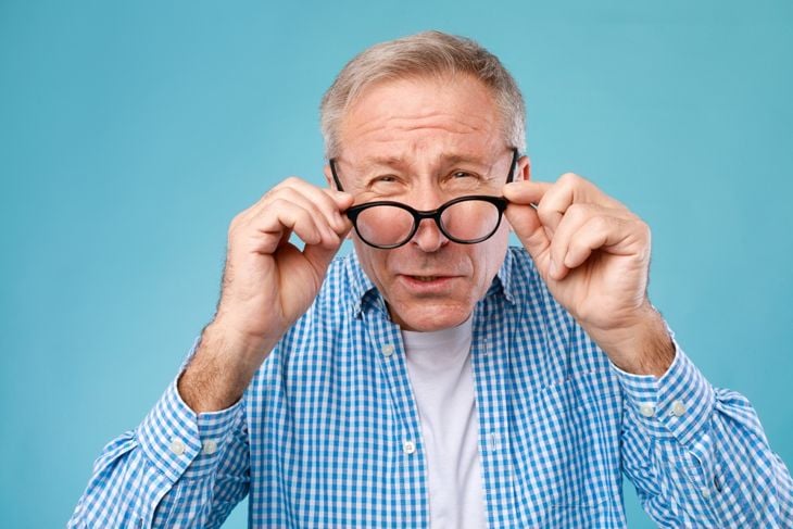 Senior Man Can't See, Squinting Eyes Wearing Glasses Having Problems