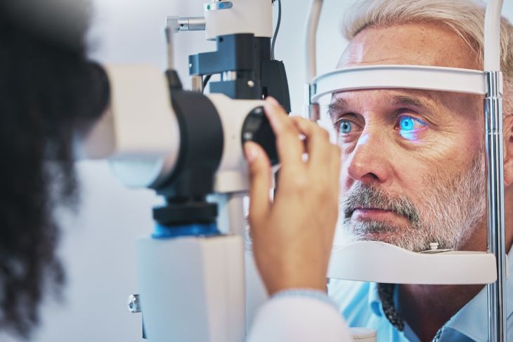 Ophthalmology, medical and eye exam with old man and consulting for vision