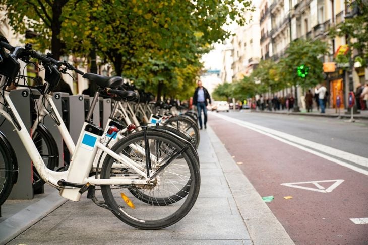 Public E-Bike sharing station in Madrid, Spain