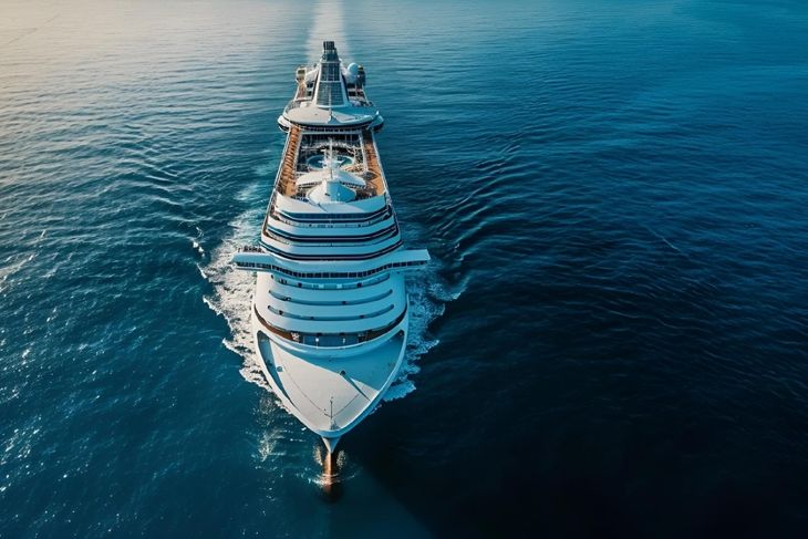 Large cruise ship sailing on the ocean with a beautiful sunset backdrop
