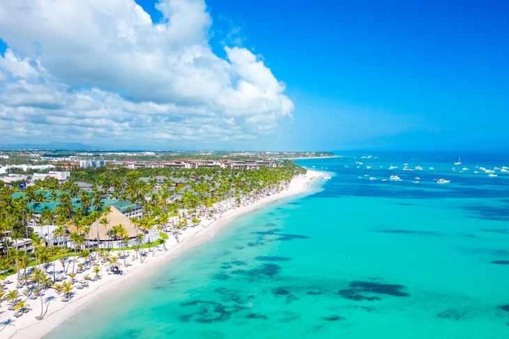 High aerial view of the Punta Cana coast with many all inclusive hotels