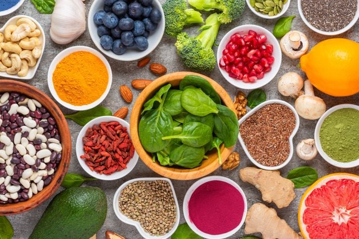 Assortment of various vegan super foods for clean eating