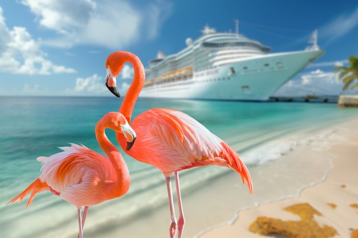Beautiful Tropical Flamingo on the Sandy Shore with Docked Cruise Ship in the Background.