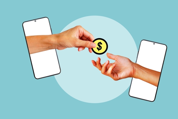Peer-to-Peer P2P Lending. Mobile commerce and payment concept. Hand is sending money out of screen of smartphone to other hand