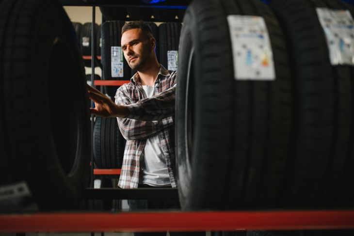 A young man buys new tires for his car.