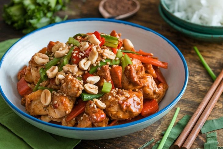 A spicy stir-fry with chicken, peanuts, and vegetables, creating a savory and flavorful dish