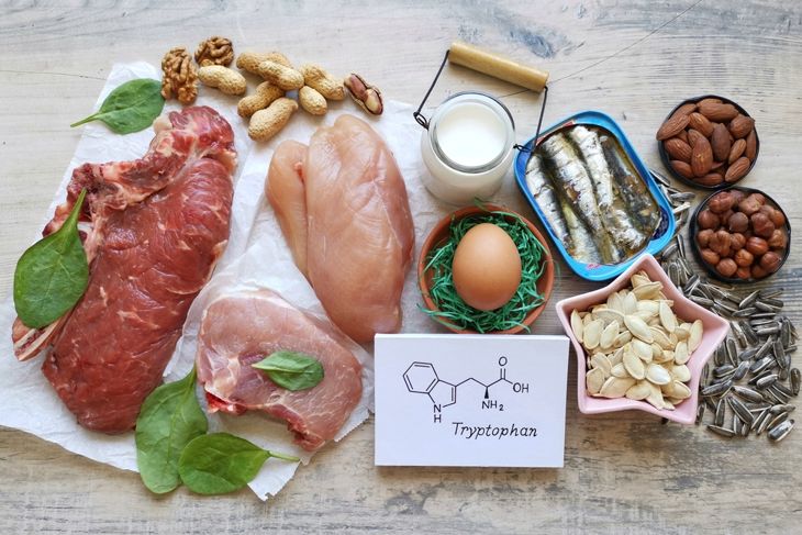 Tryptophan rich food with structural chemical formula of essential amino acid tryptophan