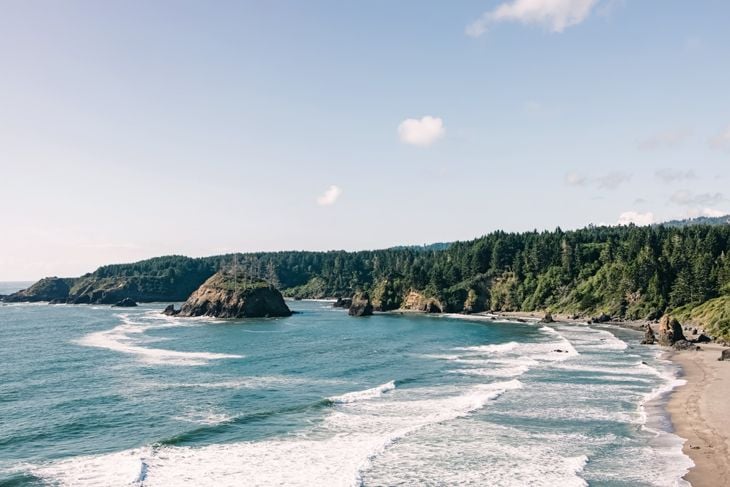 Beautiful beach near Eureka, California. Sunny day, bright blue ocean with waves
