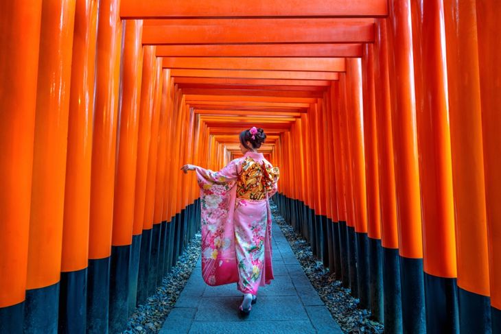 Person in traditional kimono walking through a tunnel of red torii gates at a shrine.