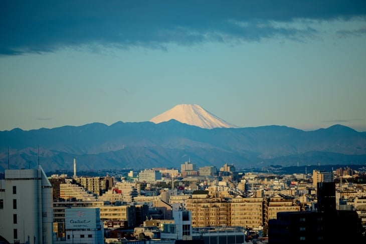 Tokyo, Japan - March 13, 2026: Mount Fuji rising above urban skyline viewed from Shibuya district in Tokyo, Japan.