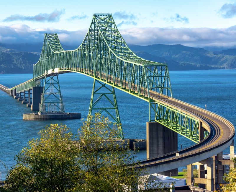 Beautiful view of the magnificent Astoria Megler Bridge crossing the Columbia River from Astoria, Oregon to Washington