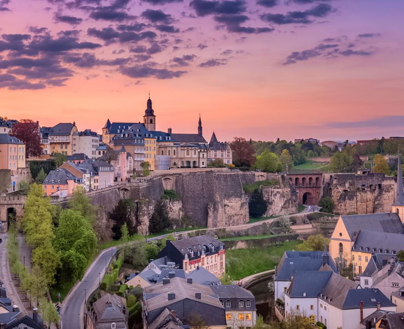 Luxembourg City sunset top view over the old town