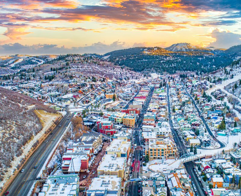Park City, Utah, USA Downtown Skyline Aerial.