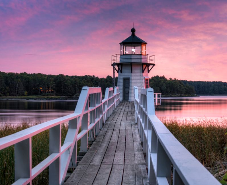 Horizontal Doubling Point Lighthouse Walkway Sunset - Arrowsic Island, Kennebec River, Maine, USA