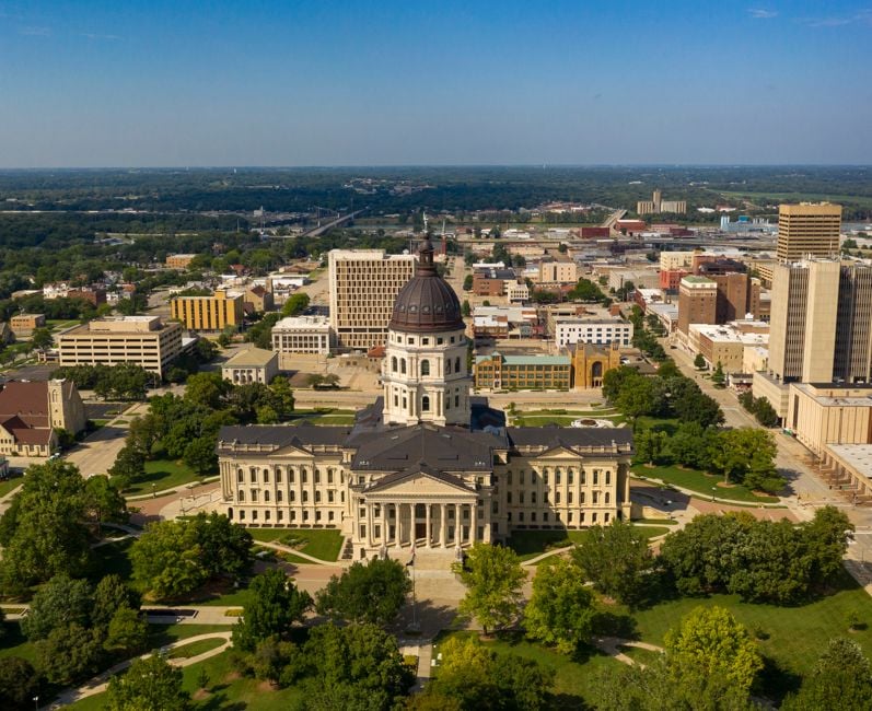 Aerial View Mid Day at the State Capital Building in Topeka Kansas USA