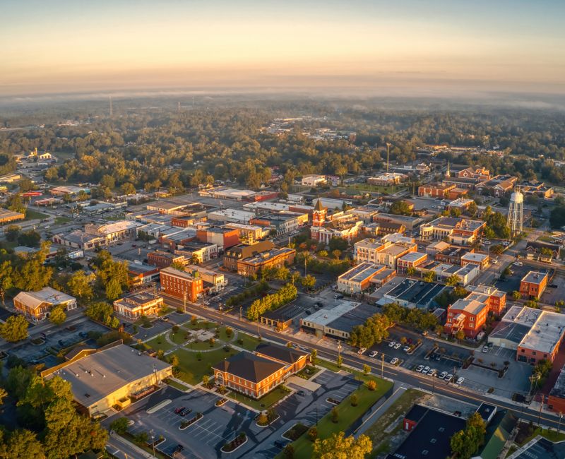 Aerial View of Downtown Statesboro, Georgia in Autumn
