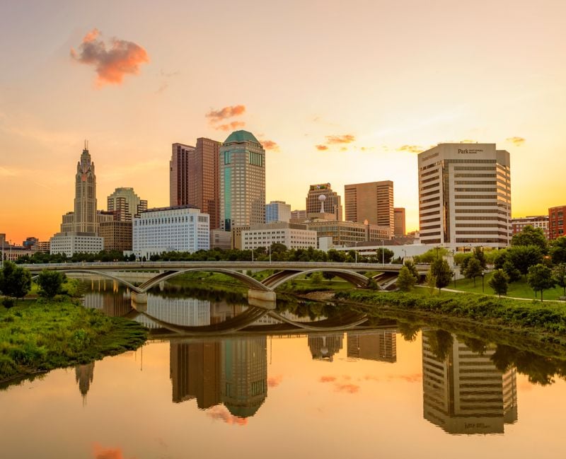 A high-level view of Downtown Columbus Ohio and Scioto Mile Park at Sunrise, Columbus, OH - USA