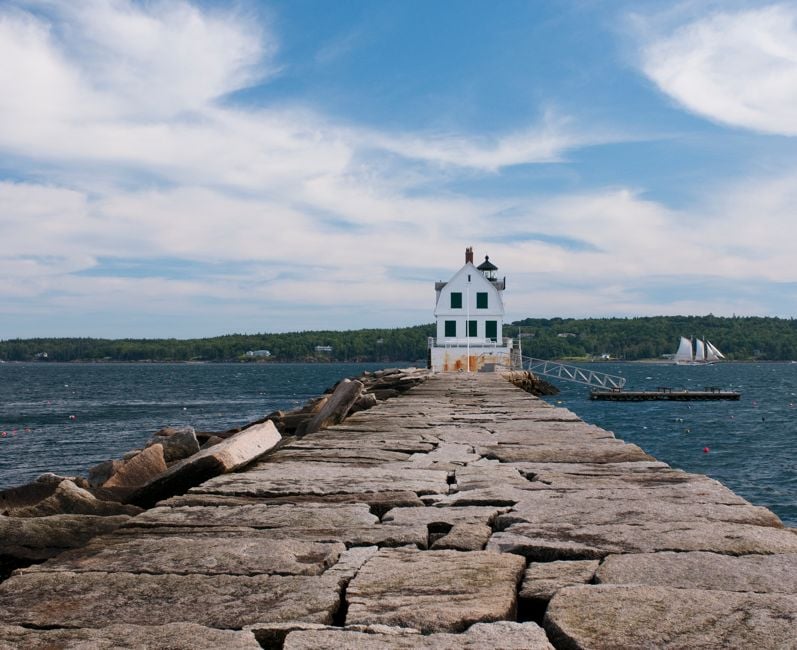 A view of the Rockland Breakwater Lighthouse seen from the breakwater on Jameson Point in Rockland, Maine.