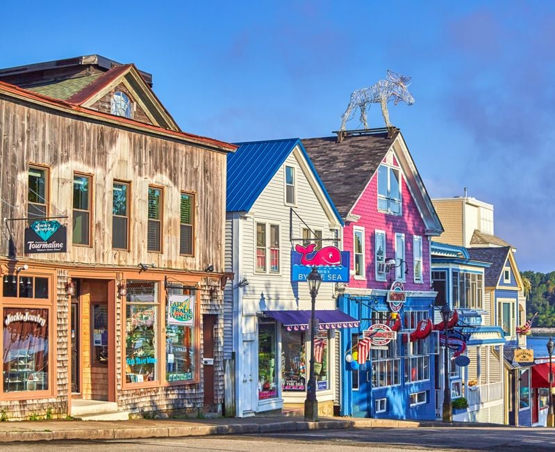Old Wooden store buildings on waterfront at the town of Bar Harbor in Acadia national Park,Maine,USA