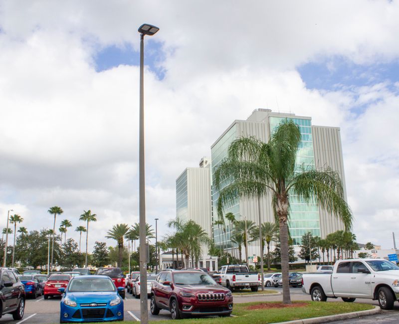 February 20, 2020- Orlando, Florida: A DoubleTree Hotel by Hilton exterior and parking lot in Orlando near Major Blvd
