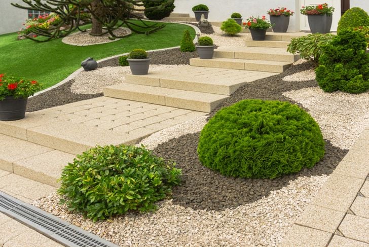 Front yard with modern outside stairs made of concrete paving
