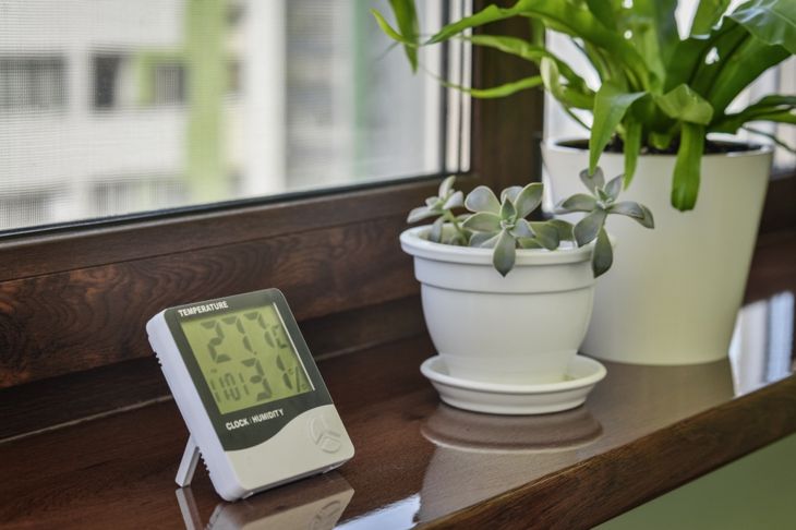 Thermometer hygrometer measuring the optimum temperature and humidity in a house on windowsill with houseplants closeup