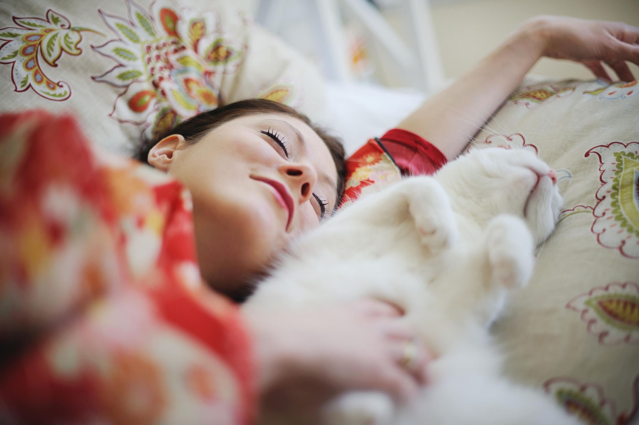 Smiling woman wearing kimono, in bed, asleep next to white cat.