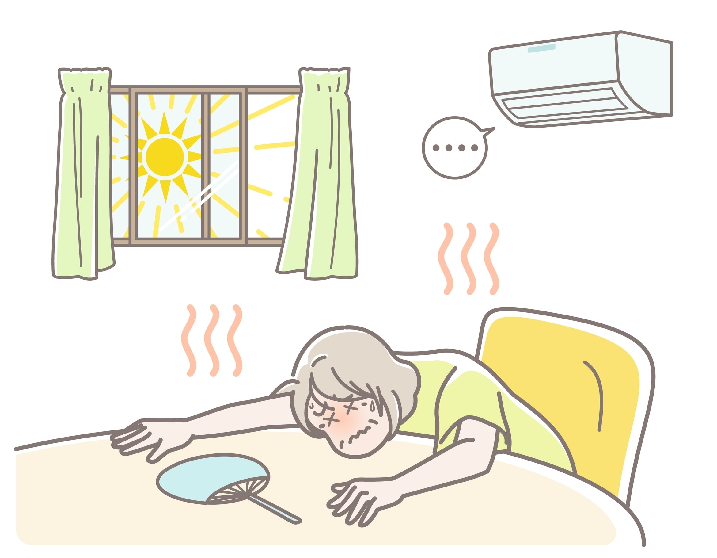 Illustration art of a senior woman with heat stroke indoors