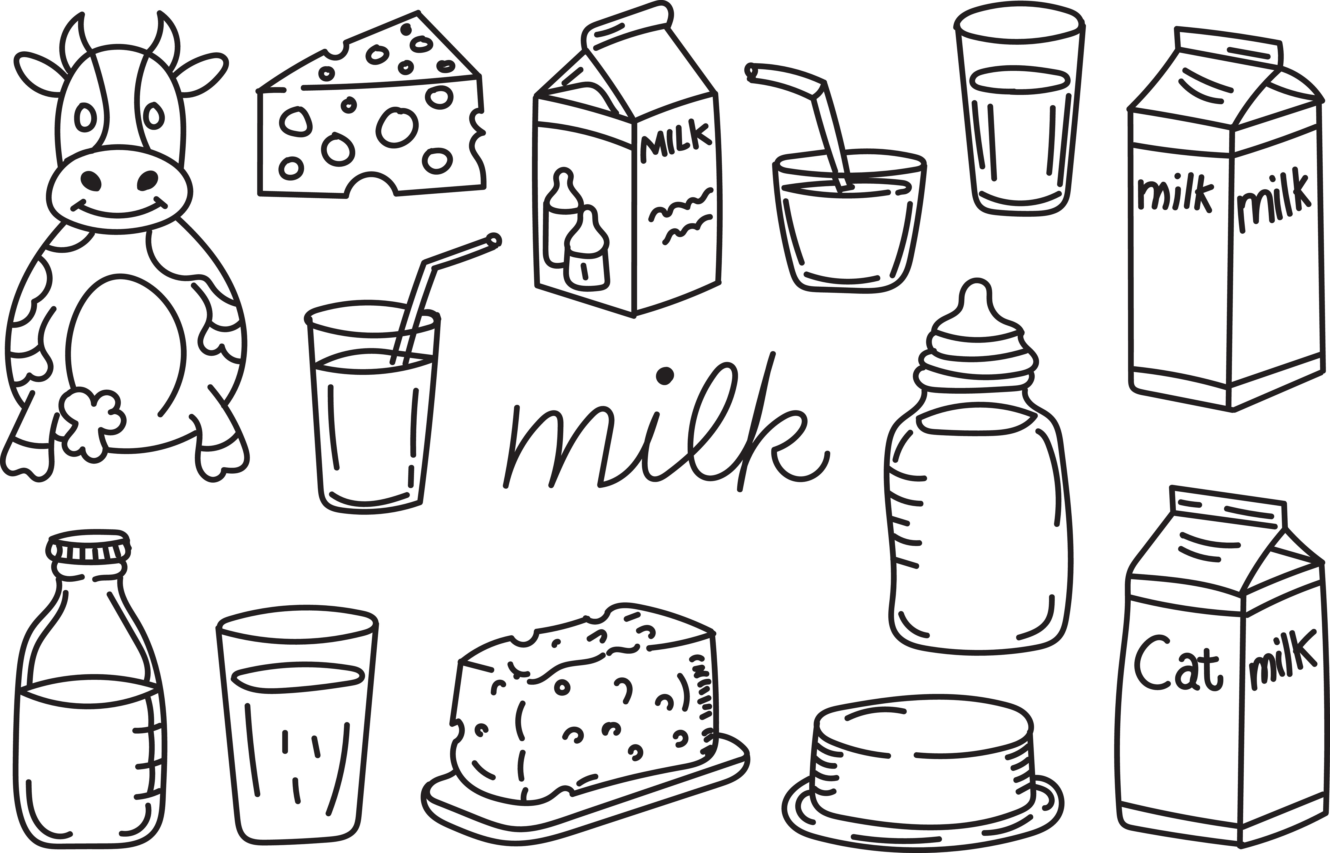 Hand Drawn Dairy Doodle Set with Milk Cheese Cow Glass and Bottle Cartoon Outline Icons