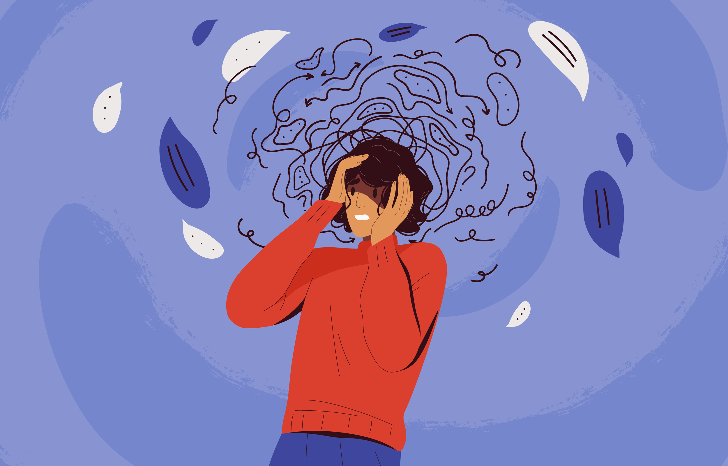 Frustrated woman with nervous problem feel anxiety and confusion of thoughts vector flat illustration