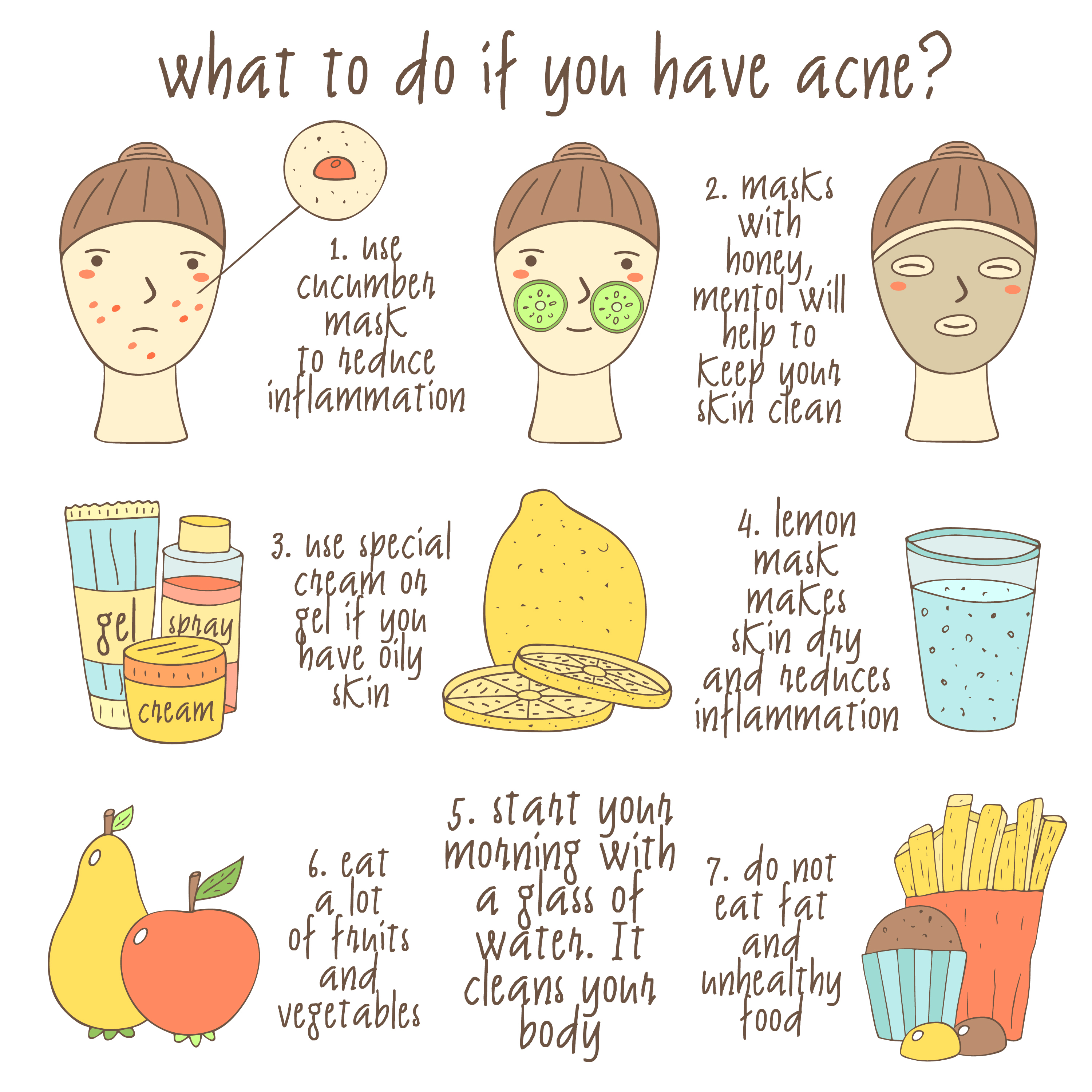 Cute hand drawn doodle infographic about what to do if you have acne