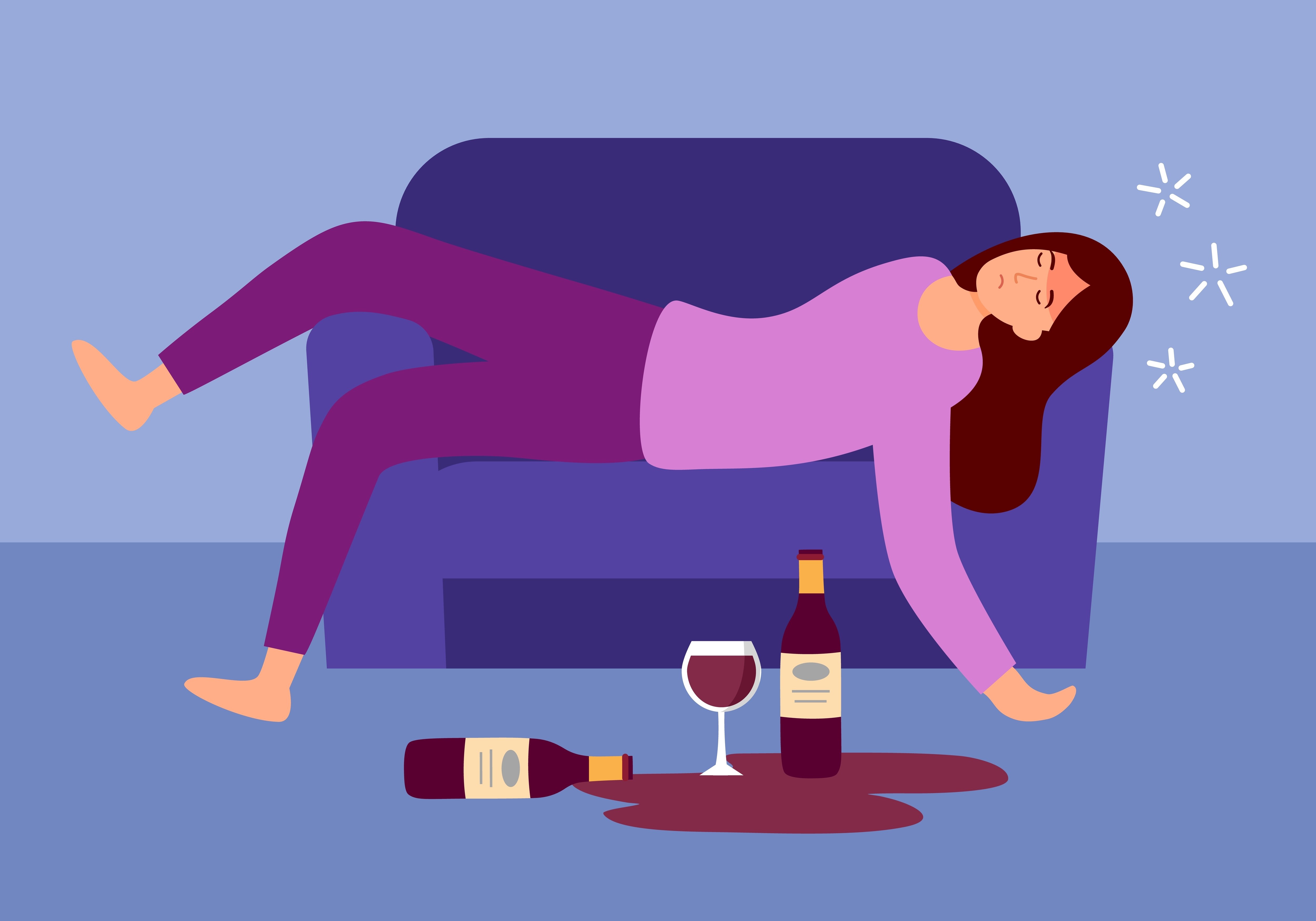 woman sleeping on sofa with wine glass and alcohol bottle on the floor in flat design