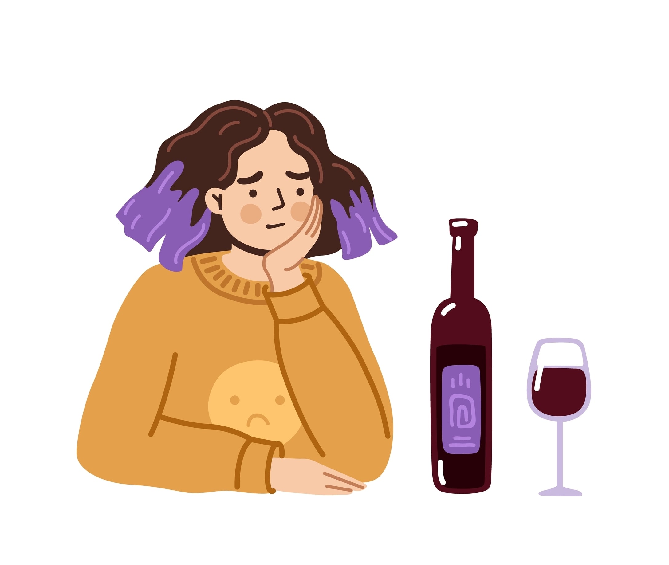 woman sitting at table with bottle of wine and glass