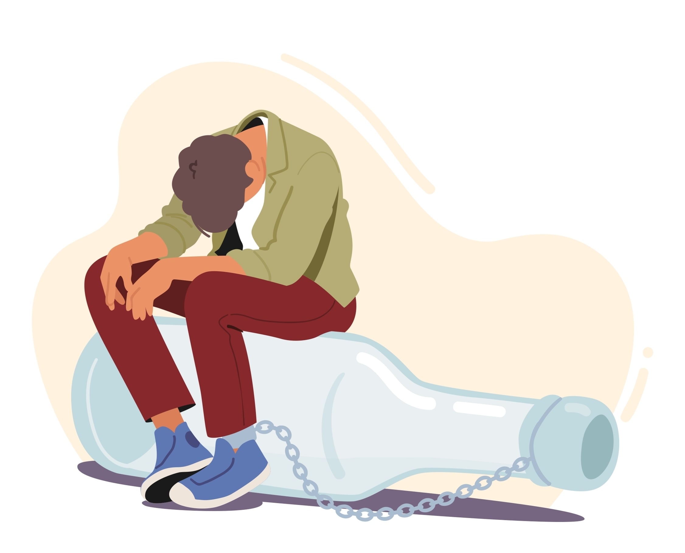 Drunk Male Character Chained to Alcohol Bottle