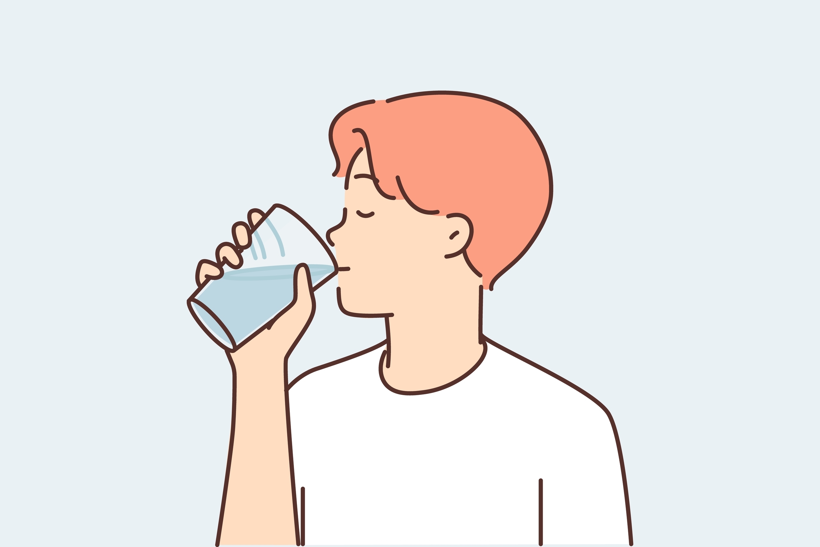 man drinks water from transparent glass, wanting to refresh himself