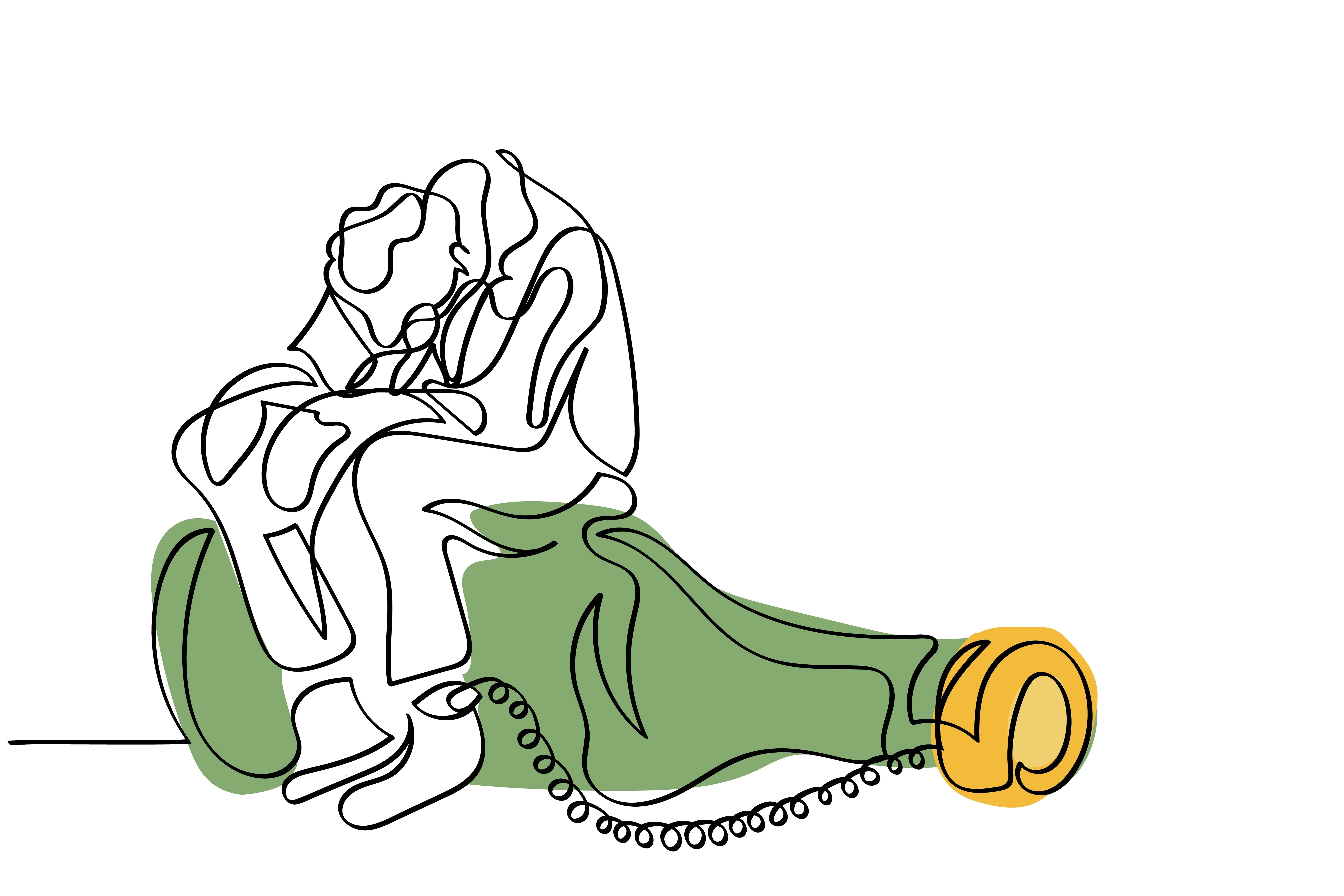 continuous line art vector of Drunk Male Character Chained to Alcohol Bottle