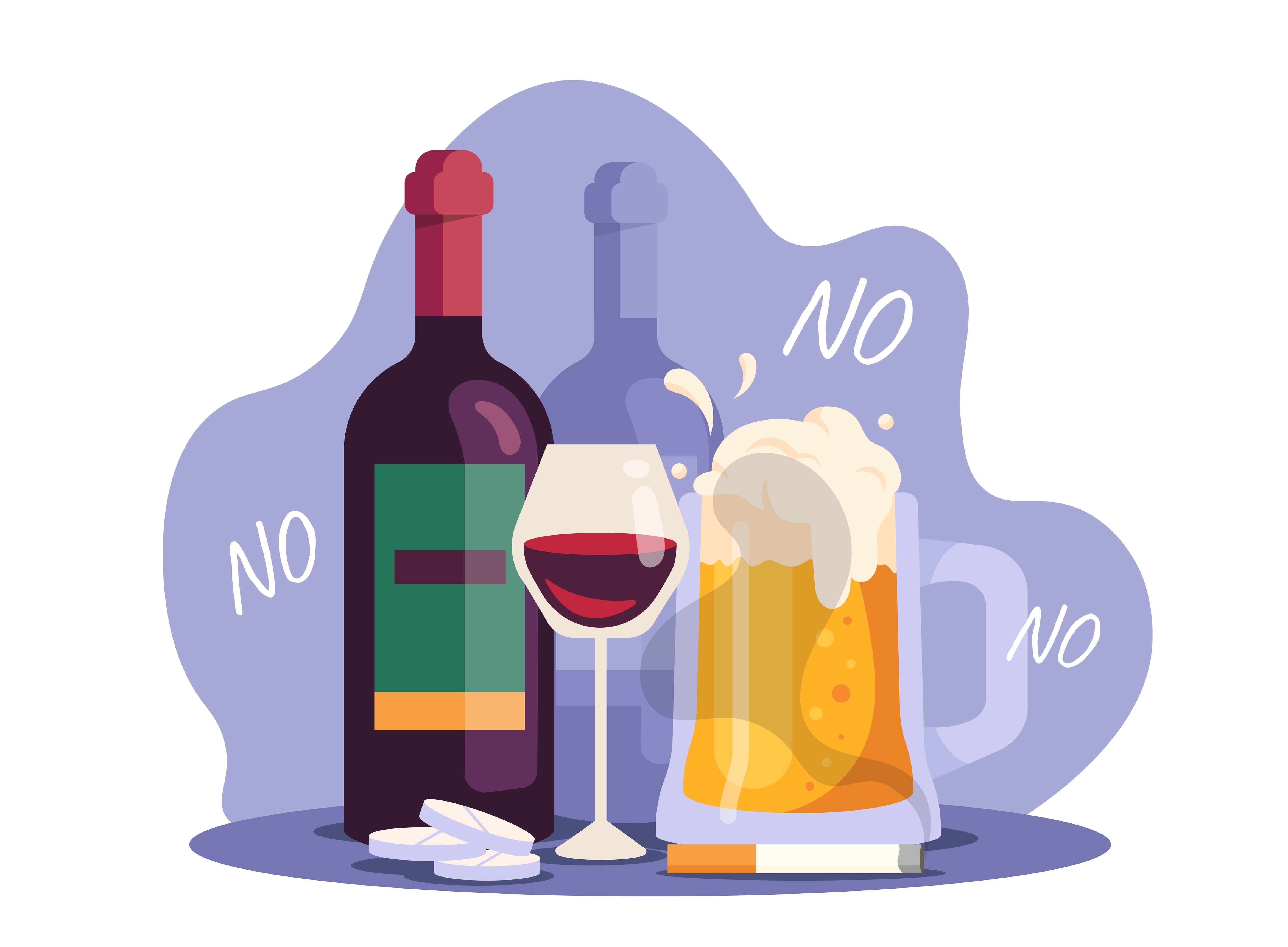 Illustration of beer, wine, pills, and cigarettes crossed out with No signs