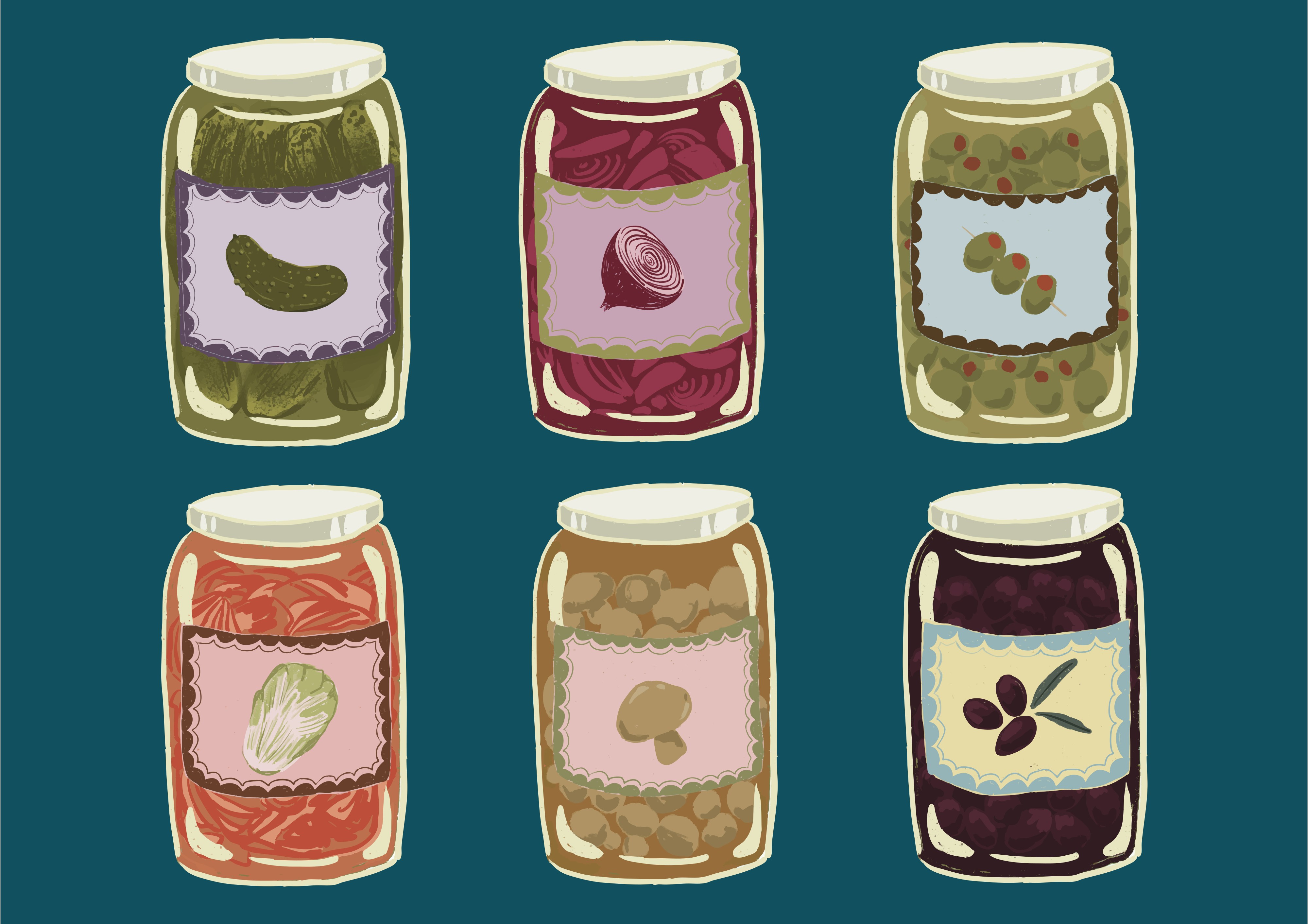 Six jars of preserved food on a dark background