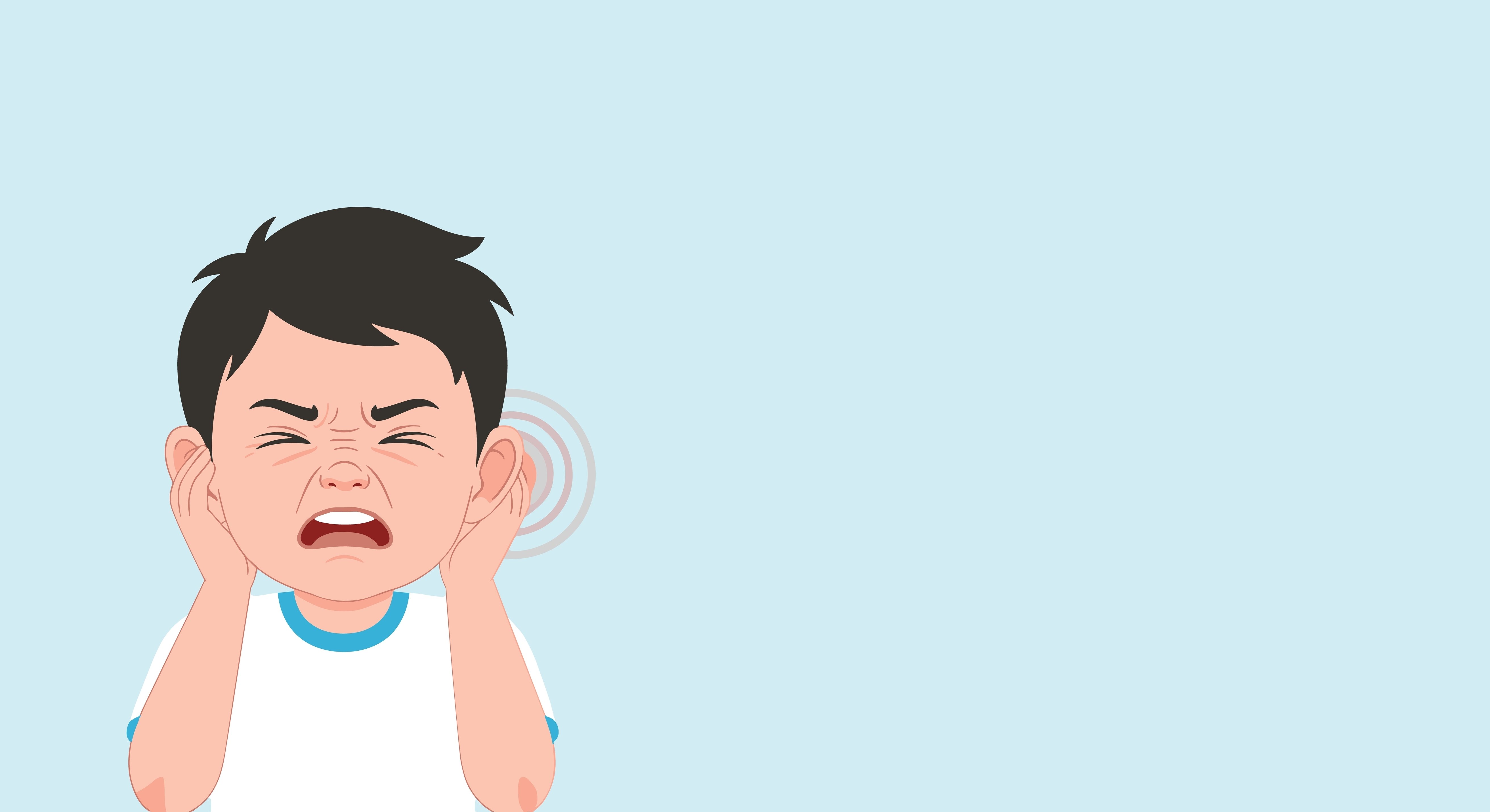 Young boy in a white and blue shirt holding his ears in pain with sound wave circles around one ear