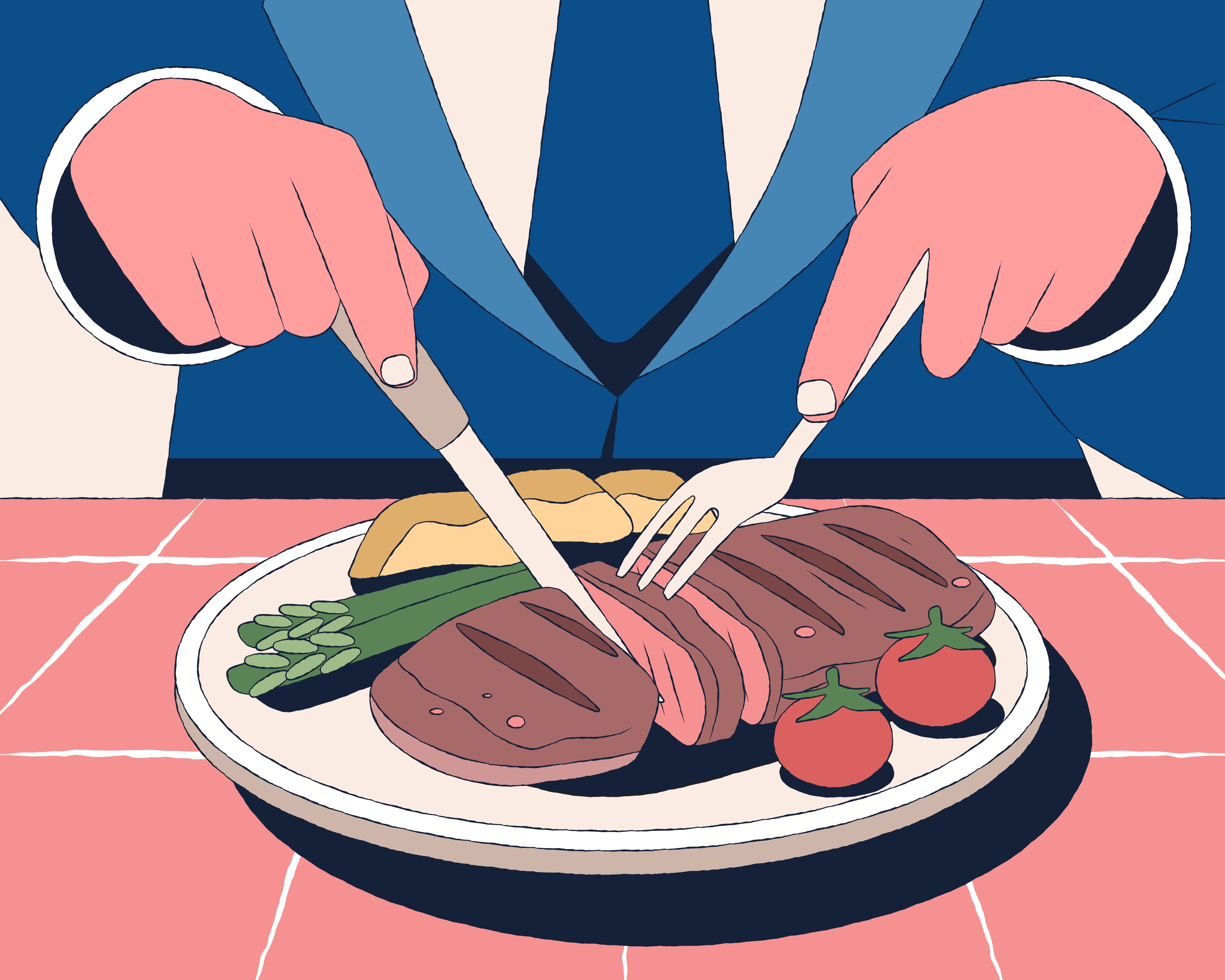 A person eating a meal with meat, vegetables, and milk