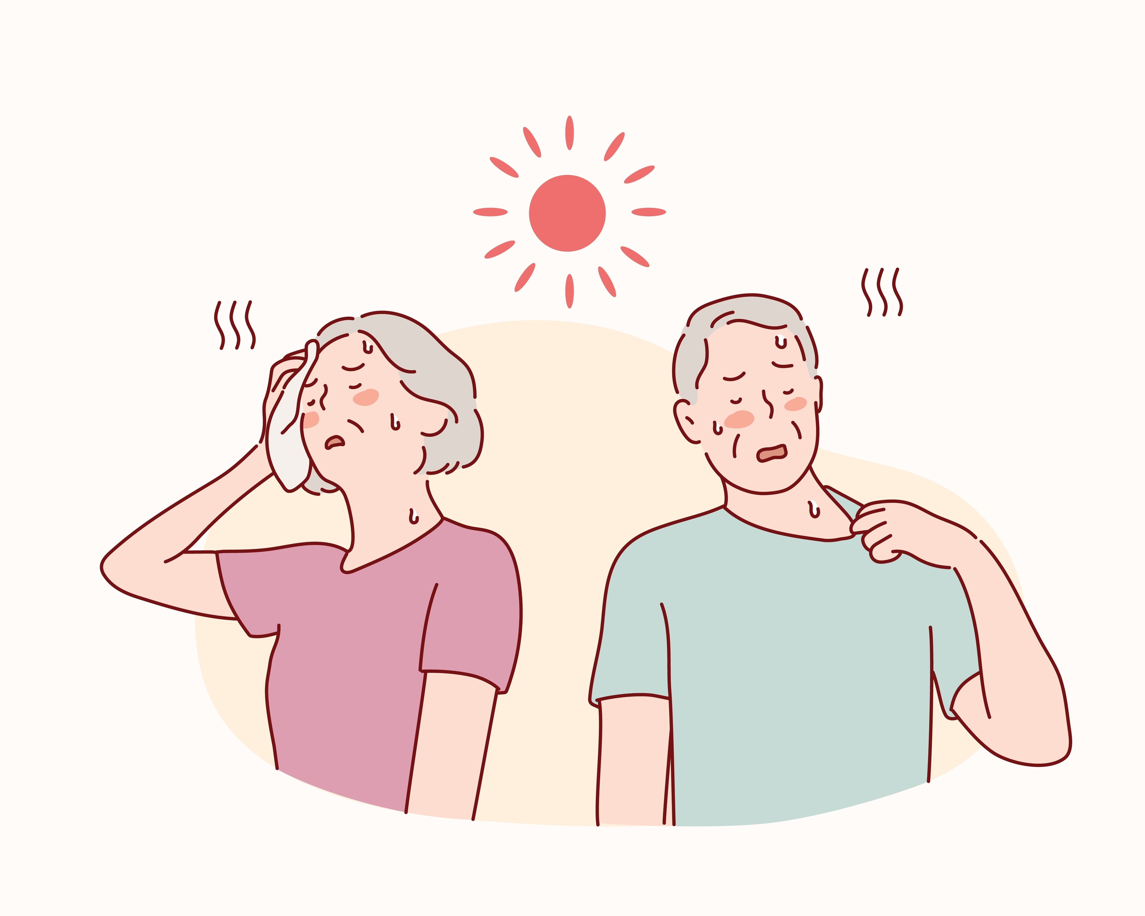 Senior couple with towel suffering from heat stroke outdoors