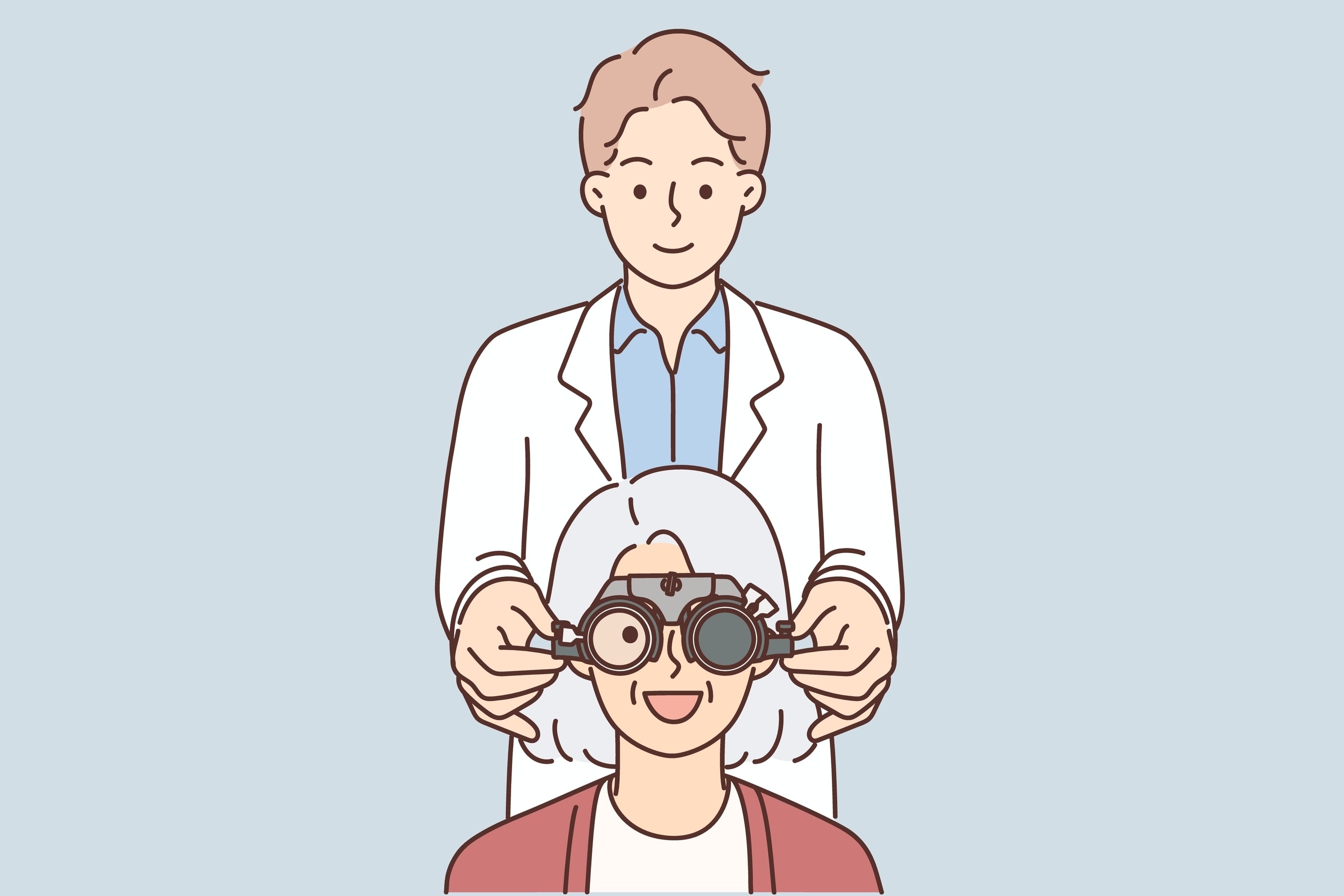 Man optometrist putting on ophthalmic glasses on gray-haired elderly female patient during vision treatment
