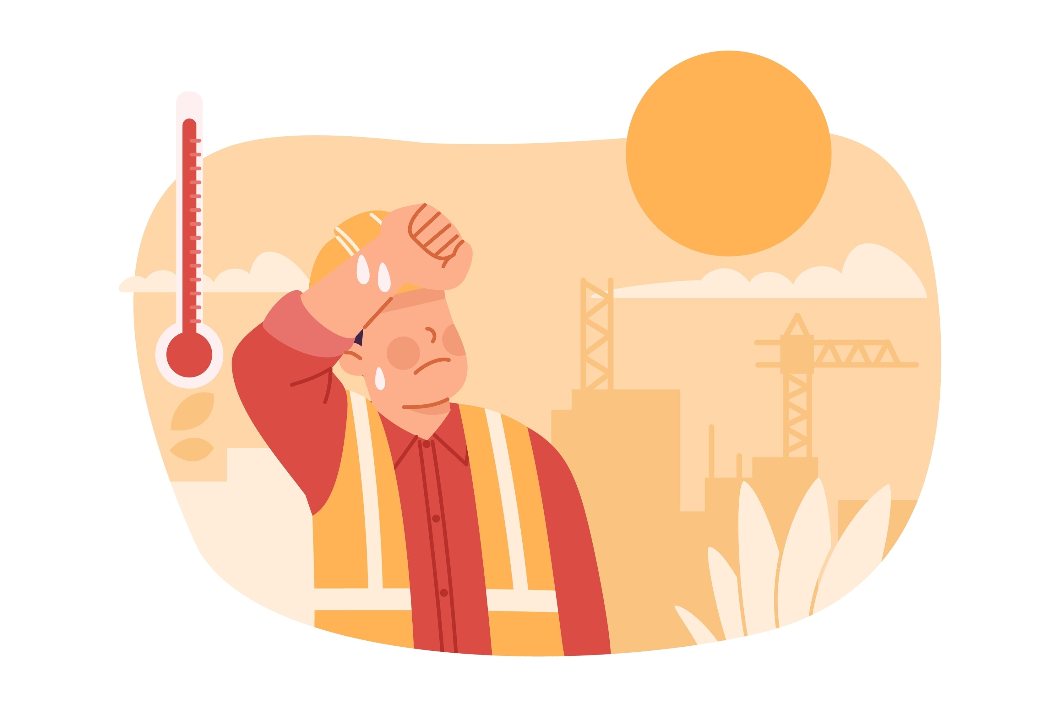 Field worker overheated and exhausted suffering from extreme heat summer while working outdoors