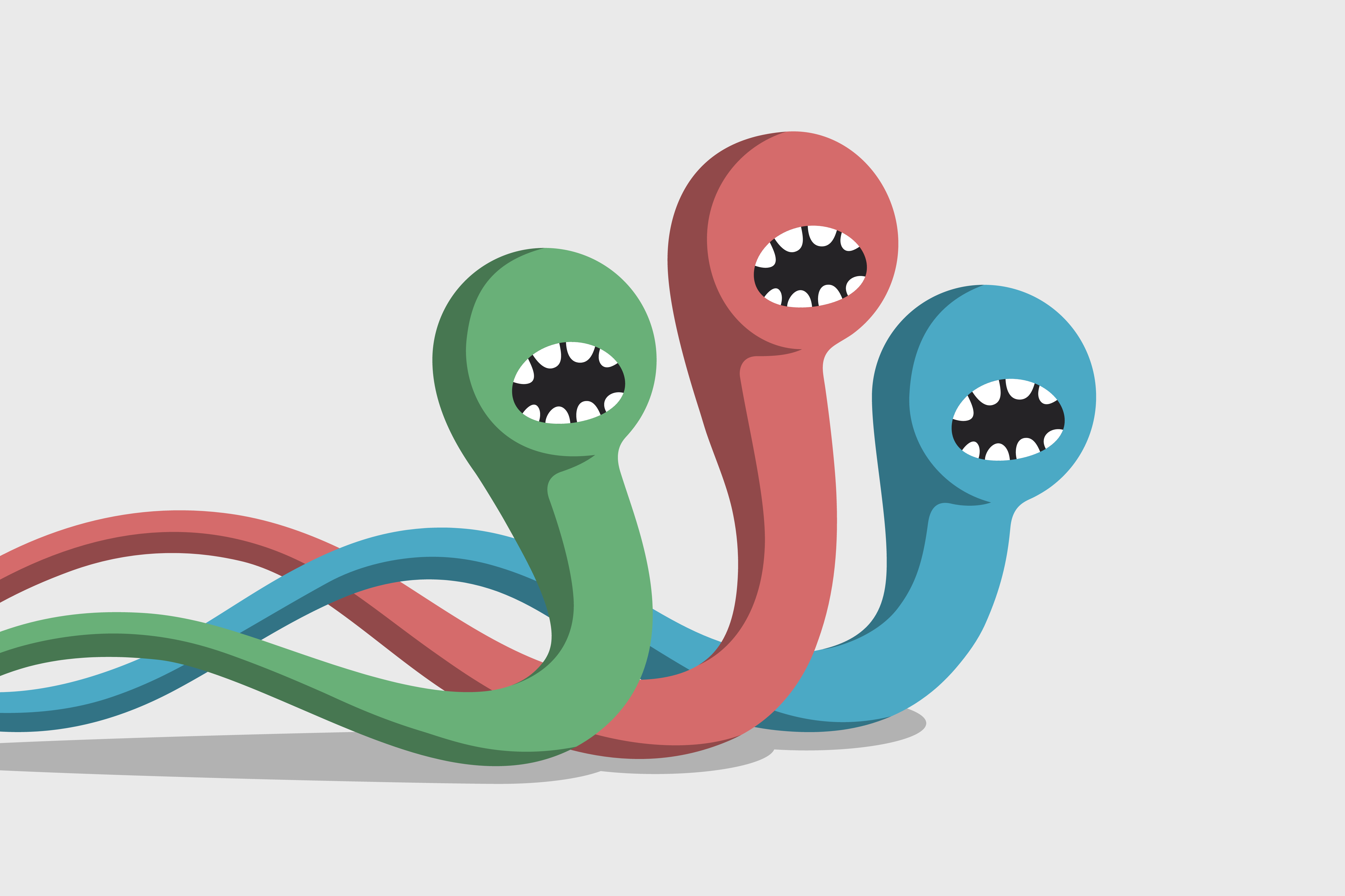 Colored aggressive and angry worms are baring teeth and crawling