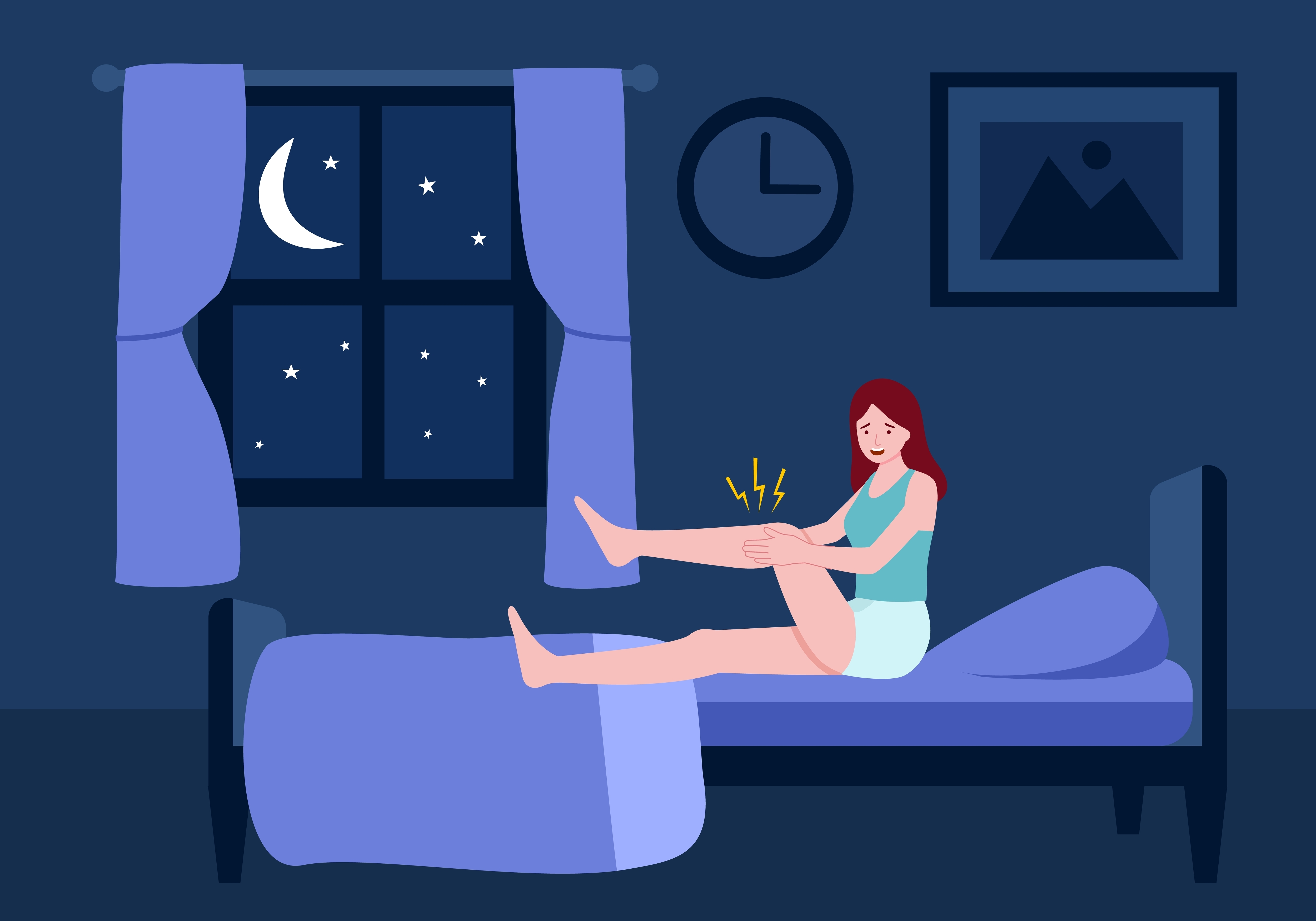 Woman suffering from leg cramp at bight in flat design.